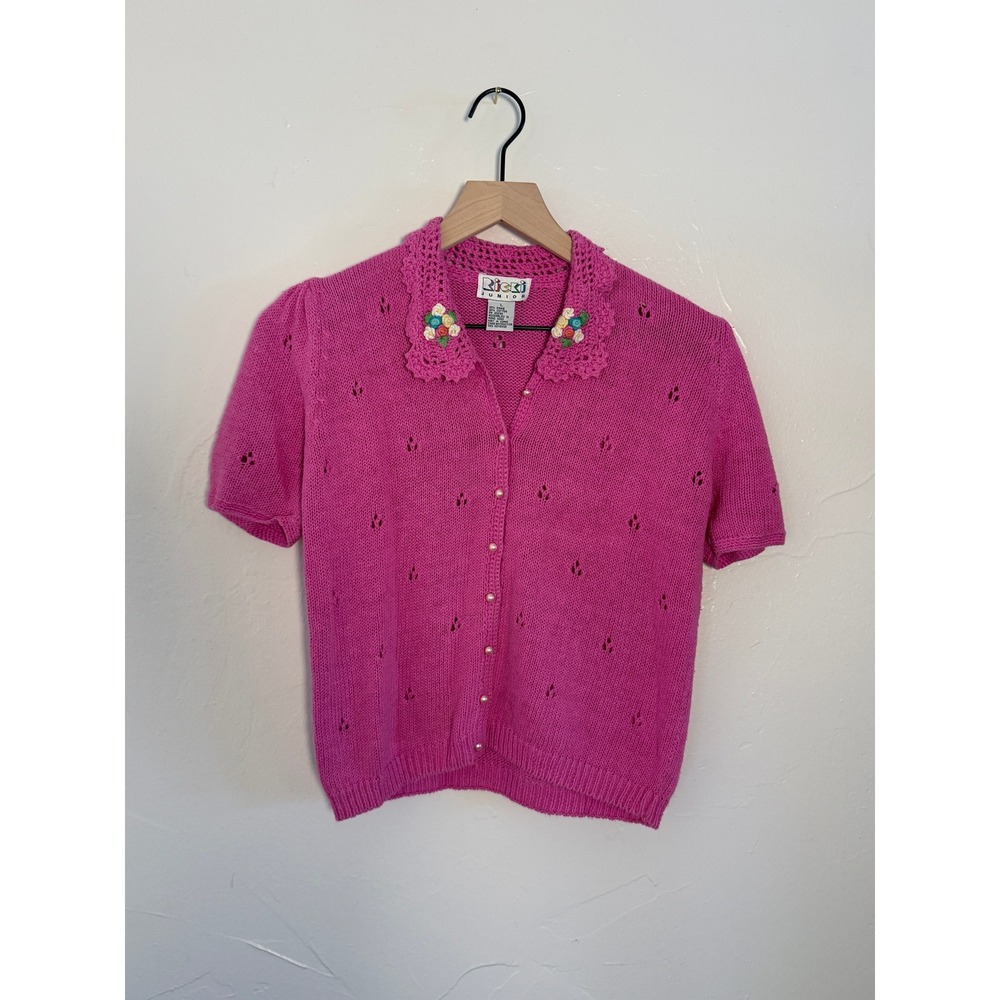 Vintage 90s Ricki Junior Pink Pointelle Floral Cardigan Puff Sleeve